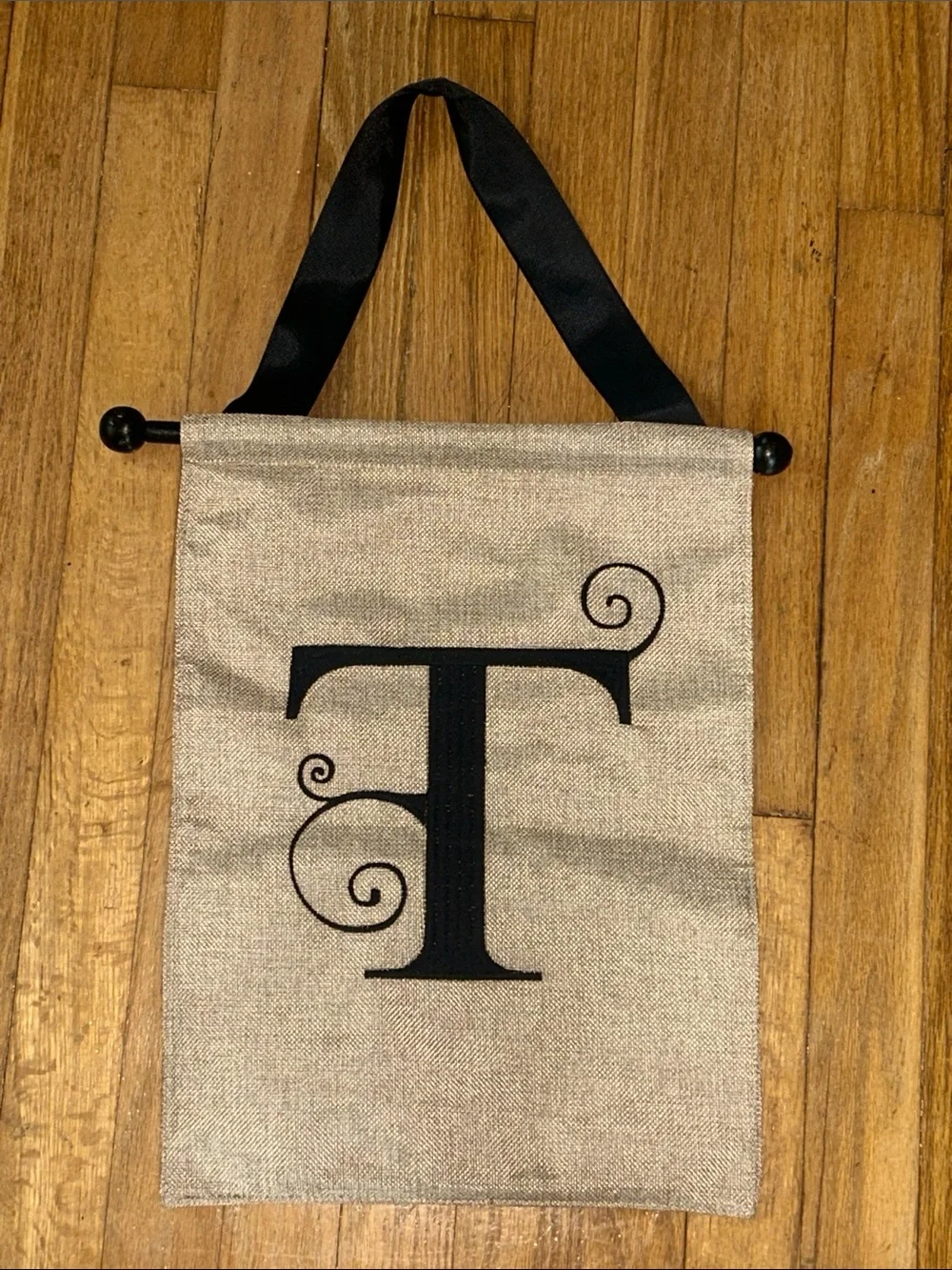 Burlap Monogram 'T' Wall Tapestry with Black Lettering